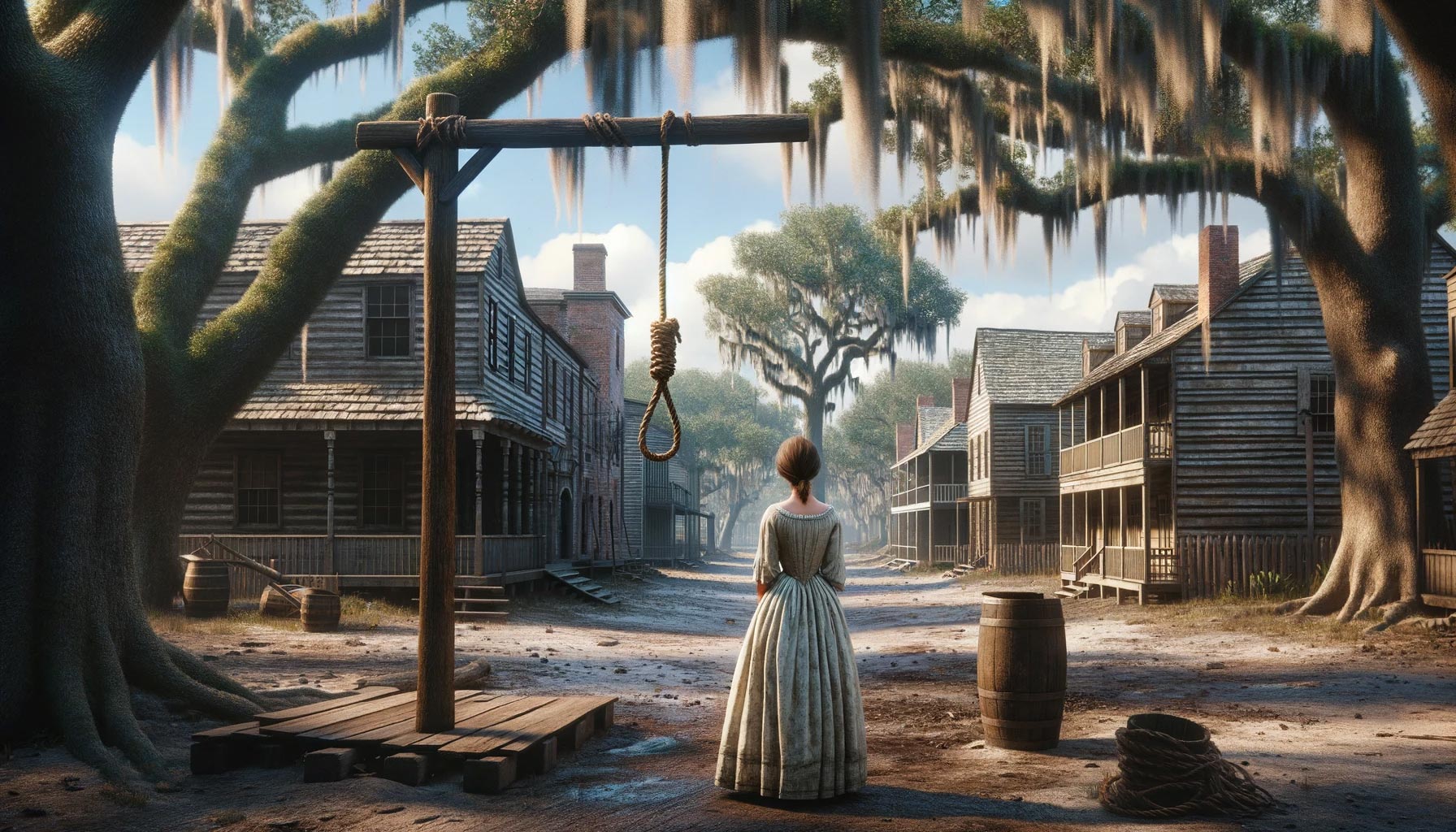 Alice Riley, illustrated standing in Wright Square in Savannah by a hangman's noose.