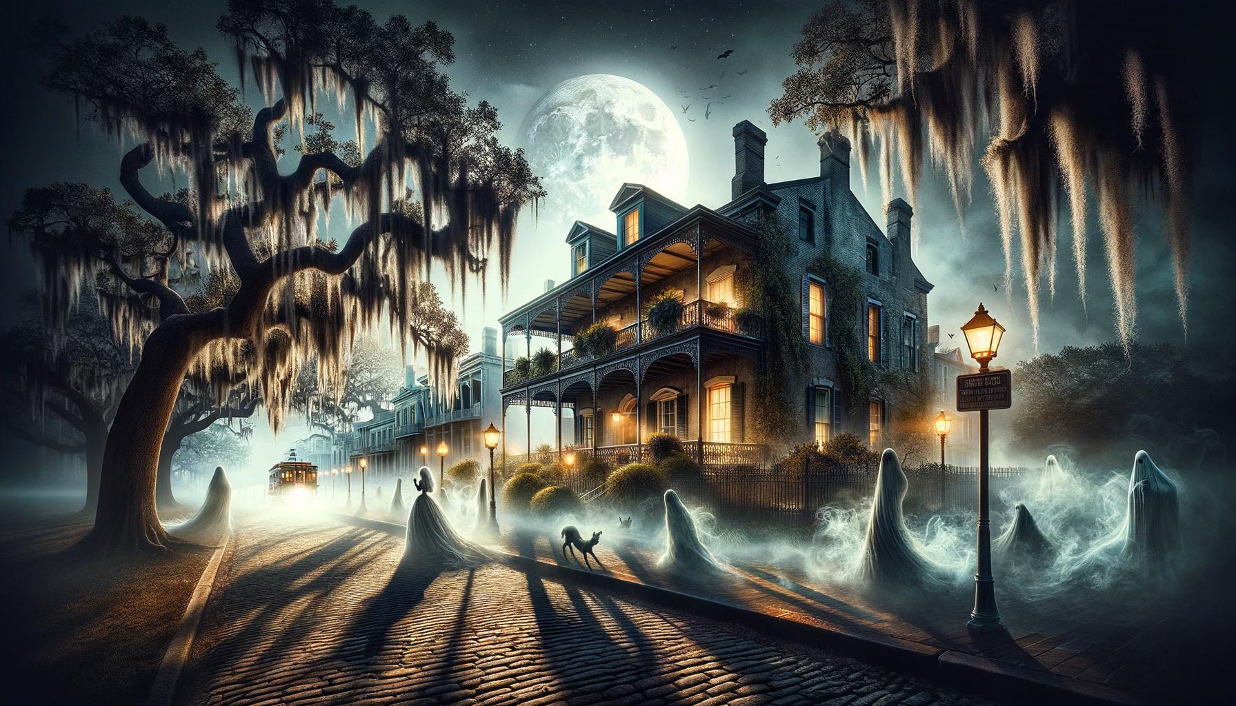 A spooky scene showcasing the haunted side of Savannah, Georgia