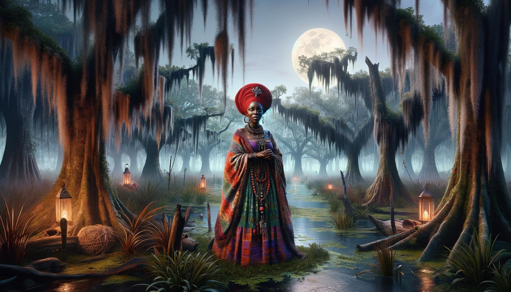 Marie Laveau depicted in a swamp outside of New Orleans