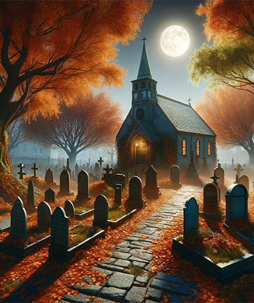 One of Salem's many haunted cemeteries, at night