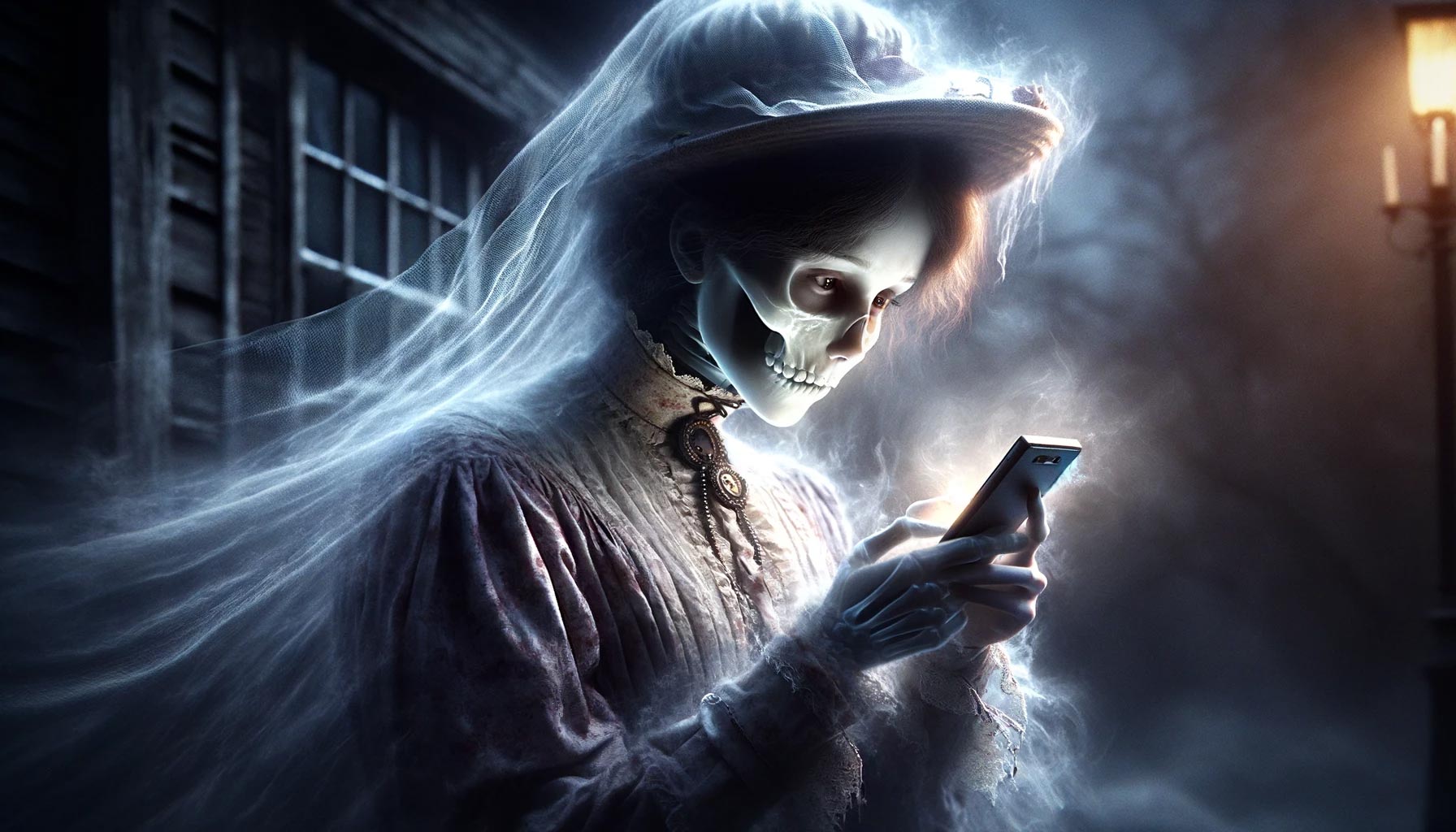 A Ghost using a Phone to contact Pretty Spooky Tours